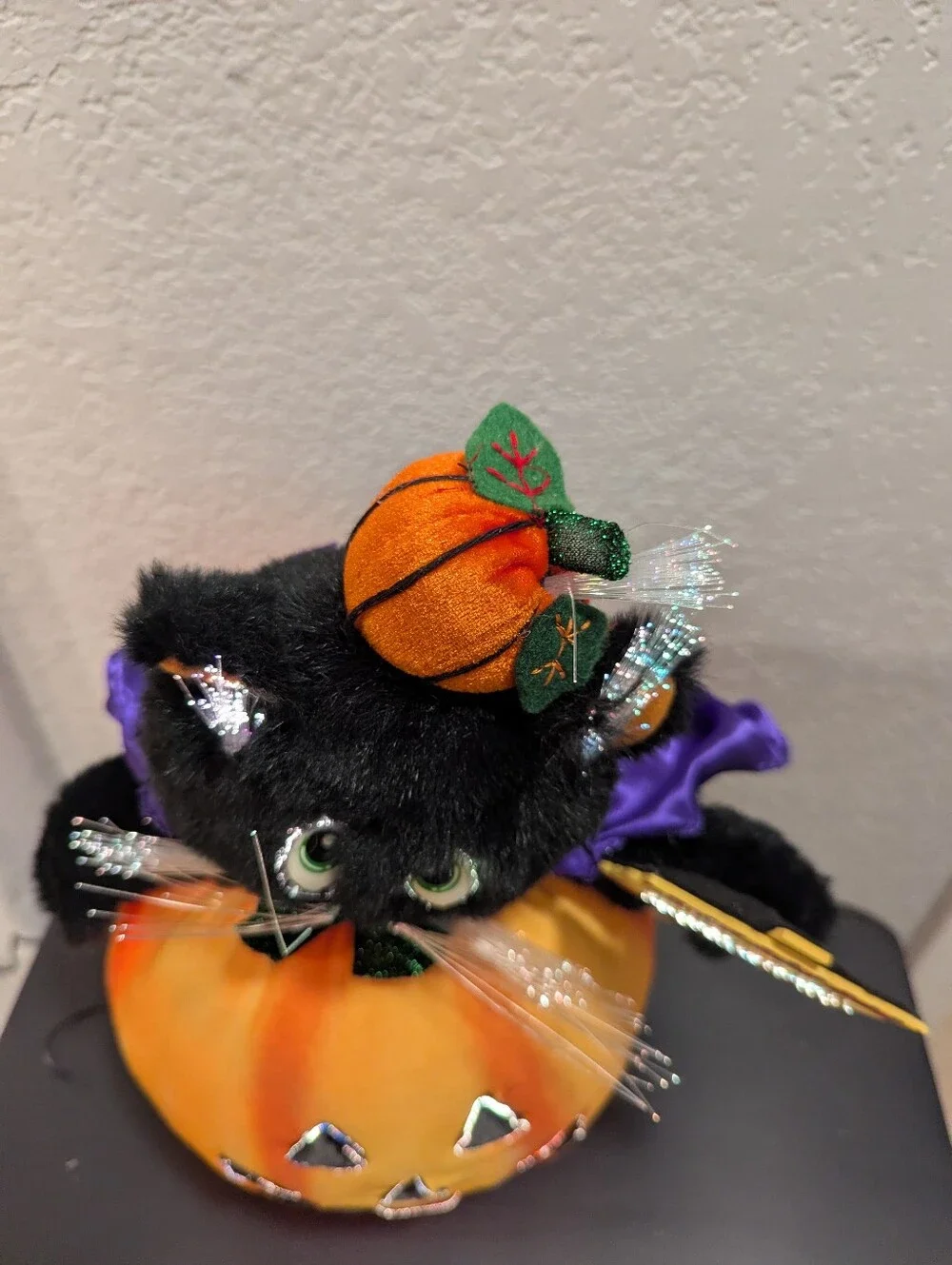 Vintage Halloween Fiber Optic Black Cat In Pumpkin Hat Cape in Pumpkin 12